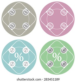 Set of four colored flat simple frames and percent symbol