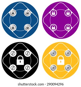 Set of four colored flat simple frames and padlock