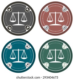 Set of four colored flat simple frames and justice symbol