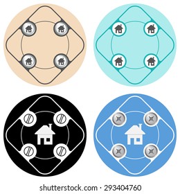 Set of four colored flat simple frames and home symbol