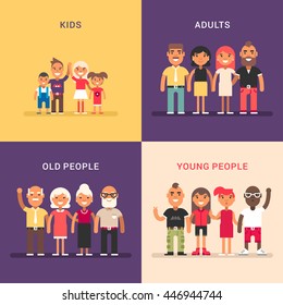 A set of four colored flat vector illustrations. Kids, adults, old people, young people.