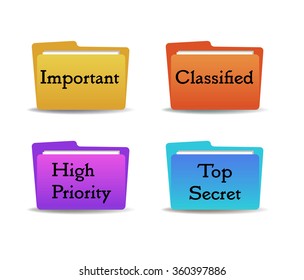 Set of four colored folders with the text important, classified, high priority and top secret written on each folder