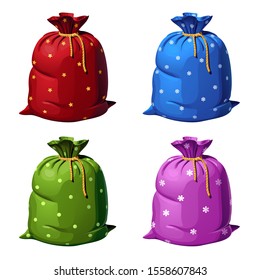 A set of four colored gift bags made of fabric decorated with patterns. Vector isolated illustration on a white background.