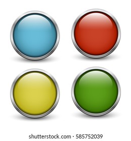 Set of four colored glass buttons with metal frame and shadow