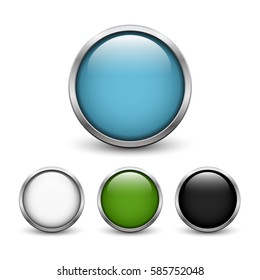 Set of four colored glass buttons with metal frame and shadow