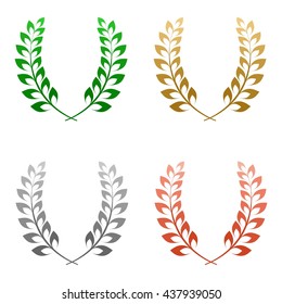 Set of four colored green laurel wreath gold, silver and bronze composed of two branches with colorful leaves and stems for the first, second and third place for winner on a white background