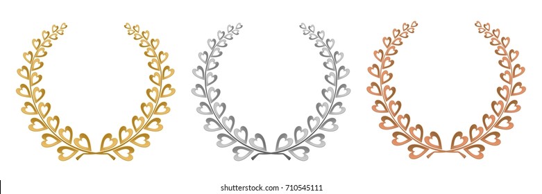 Set of four colored green laurel wreath gold, silver and bronze composed of two branches with colorful hearts and stems for the first, second and third place for winner on a white background 