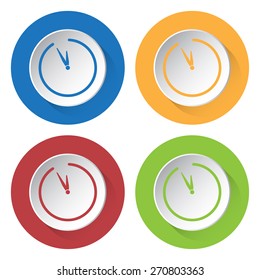 set of four colored icons with clock and stylized shadows