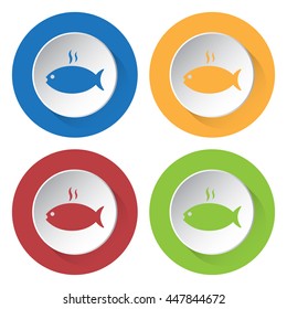 set of four colored icons - grilling fish with smoke
