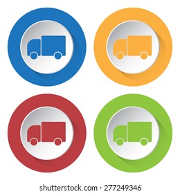 set of four colored icons with lorry car and stylized shadows