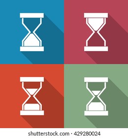 A set of four colored icons sandglass with a long diagonal shadow, vector illustration.