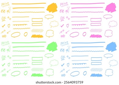 Set of four colored line marker lines and doodles: yellow, pink, green, and blue