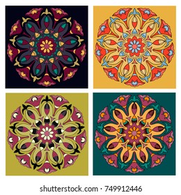 Set of four colored mandalas. Flower Mandala. Decorative round ornaments. Yoga logos, idea for greeting cards, invitations, prints, textiles