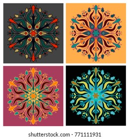 Set of four colored mandalas. Flower Mandala. Decorative round ornaments. Yoga logos, idea for greeting cards, invitations, prints, textiles