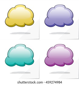 Set of Four Colored Mushroom Shape Clouds with Shadows - Black Blue Purple Turquoise and Yellow Elements on White Natural Paper Effect Background - Gradient Relief Graphic Style