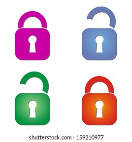 Set of four colored open and closed locks icons on a white background