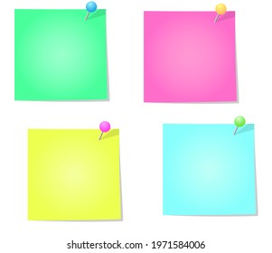 A set of four colored paper notes with pins. Background for text. Vector illustration.