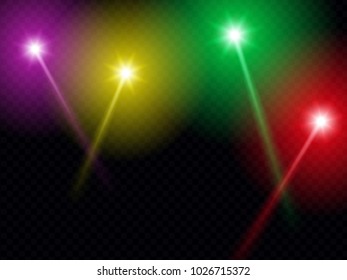 Set of four colored reflectors with light effects - isolated vector on a transparent background