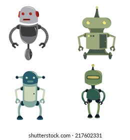 a set of four colored robots on a white background
