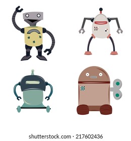 a set of four colored robots on a white background