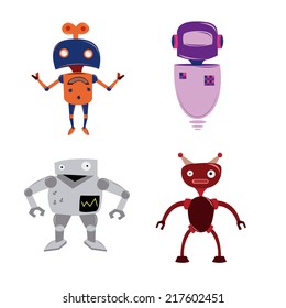 a set of four colored robots on a white background