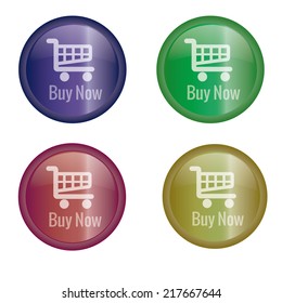 a set of four colored round icons with shopping carts and text