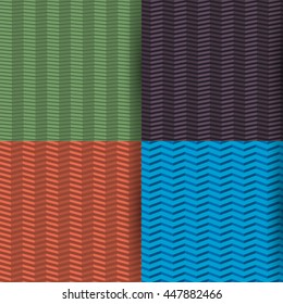 Set of four colored seamless patterns zigzag, with the effect of 3D, different angle of inclination of lines, vector illustration.