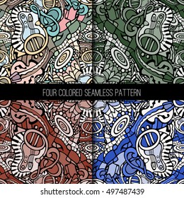 A set of four colored seamless patterns. Hand drawn musical instruments. In zentangle style. Doodle elements.