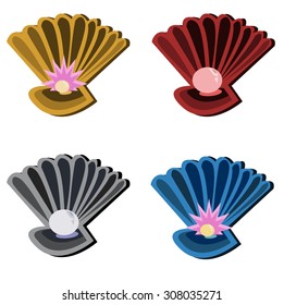 Set of four colored seashells with pearl isolated on white. Vector illustration.