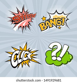 Set of four colored speech bubbles on a gray background.