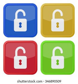 set of four colored square icons with open padlock