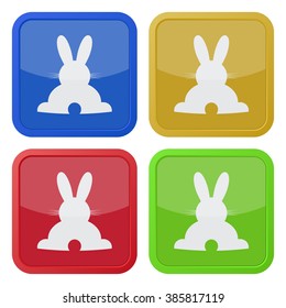 set of four colored square icons with Easter bunny from back