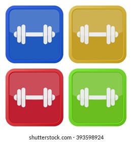 set of four colored square icons with dumbbell