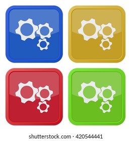 set of four colored square icons with three cogwheels