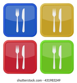 set of four colored square icons with cutlery, fork and knife