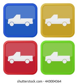 set of four colored square icons - pickup with a flatbed