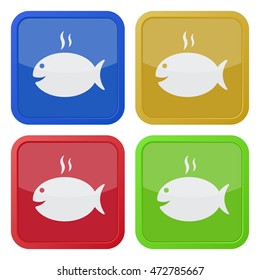 set of four colored square icons - grilling fish with smoke