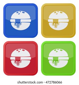 set of four colored square icons - hamburger with melted cheese