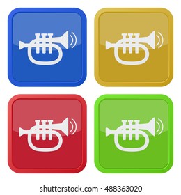 set of four colored square icons - trumpet, sound with two vibration waves