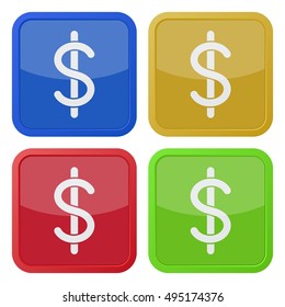 set of four colored square icons with dollar currency symbol