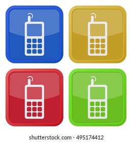 set of four colored square icons - old mobile phone with antenna and signal
