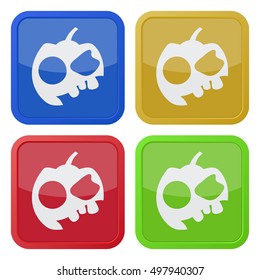 set of four colored square icons - pumpkin with three teeth and cap