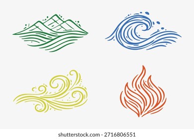 Set of four colored swirls representing mountain earth, ocean wave, air wind, and fire flame.