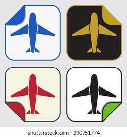 set of four colored variable square sticky icons with bent corner - airplane