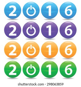 Set of four colored variants of text 2016 with power symbol, on white background