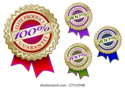 Set of Four Colorful 100% Elite Product Guarantee Emblem Seals With Ribbons.