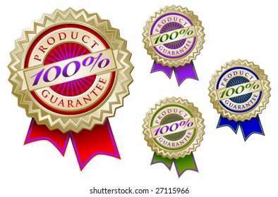 Set of Four Colorful 100% Product Guarantee Emblem Seals With Ribbons.
