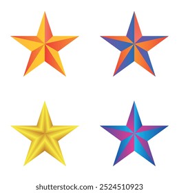 Set of four colorful 3D star icons with vibrant yellow, orange, blue, and purple tones. Perfect for awards, achievements, game design, or decorations, adding a bright, standout element to any project.