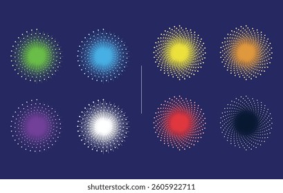 A set of four colorful abstract digital fireworks bursts, featuring green, blue, purple, and white glowing radial lines with small dots. Designed in a modern and futuristic style.