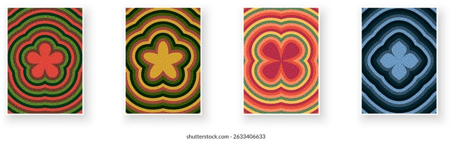 Set of four colorful abstract floral and clover-like shapes with layered ripple texture. Vector illustration.